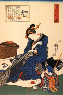 seated woman sewing a kimono by kuniyoshi (1797-1861)